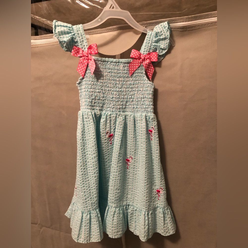 Seersucker toddler girl dress with flamingos